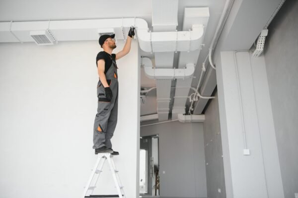 Ventilation cleaning. Specialist at work. Repair ventilation system HVAC.