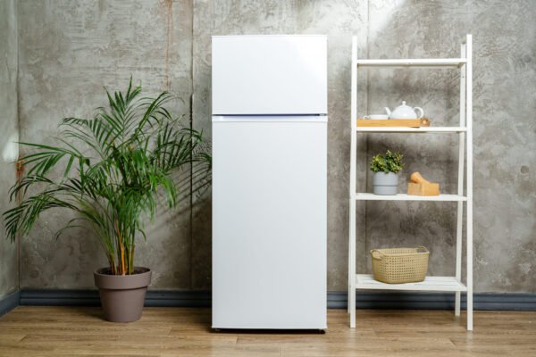 This image shows a white refrigerator standing in front of a gray concrete wall.
